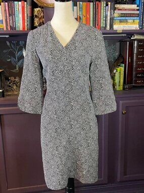 Black & white print midi dress with 3/4 length flared sleeves